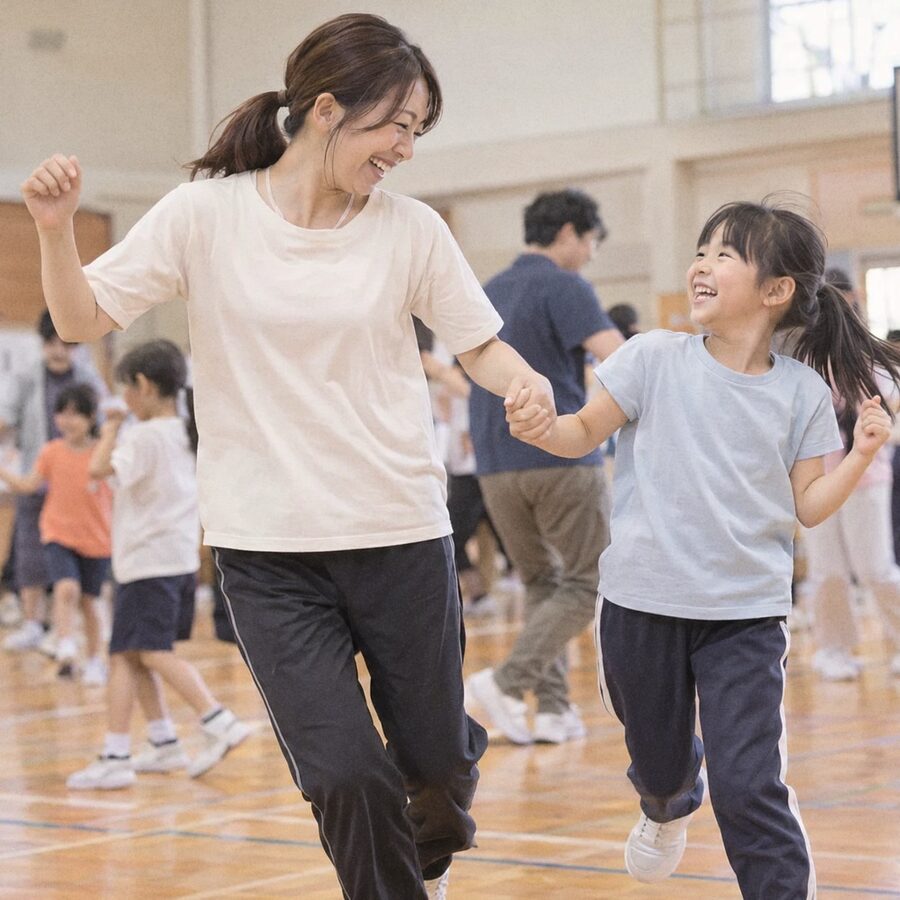 手をつないで笑顔で踊る母親と娘